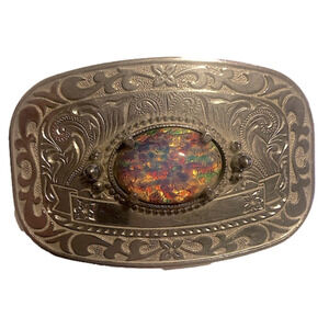 VTG Glass Opal Simulated Cabochon Floral Etched Silver Tone Buckle 2.8” x 1.7”